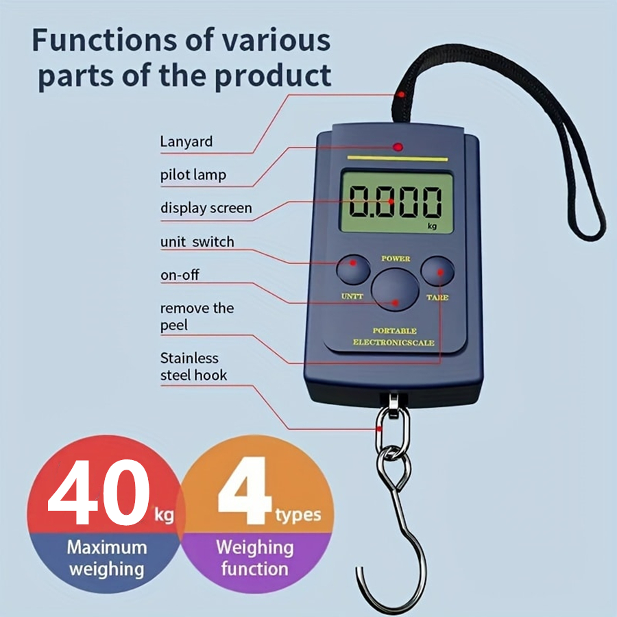 Electronics Stuff - เครื่องชั่งน้ําหนักแบบแขวนดิจิตอลอิเล็กทรอนิกส์ขนาดเล็กมัลติฟังก์ชั่นขนาด 40 กก. เครื่องมือสําหรับตกปลากระเป๋าเดินทางกระเป๋าเดินทางเครื่องชั่งน้ําหนักตะขอเดินทาง